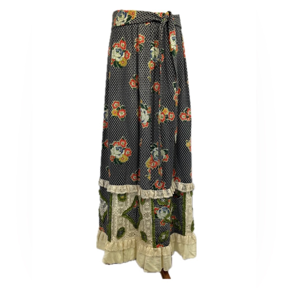 Vtg Chessa Davis 70s Patchwork Lace Floral Skirt Size L Folk Boho Cottage Flaws